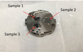 Sample holder removed for loading in a glovebox. Three samples can be loaded at a time.